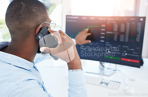 Image of Trading, computer and phone call with black man in office for stock market, finance and growth. Investment, cryptocurrency and data with male employee for digital, technology and profit analysis