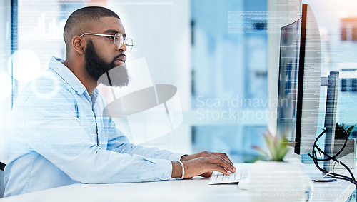 Image of Black man, finance or trader typing on computer for stock market or cryptocurrency website for payment. Overlay, password or financial investor trading online for savings investment growth in office