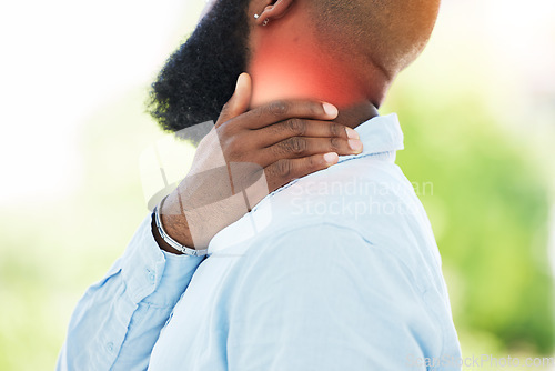 Image of Neck pain injury, hand or businessman with emergency crisis or hurt employee with injury agony. Burnout, closeup or frustrated worker injured or stressed by muscle strain with fatigue or failure