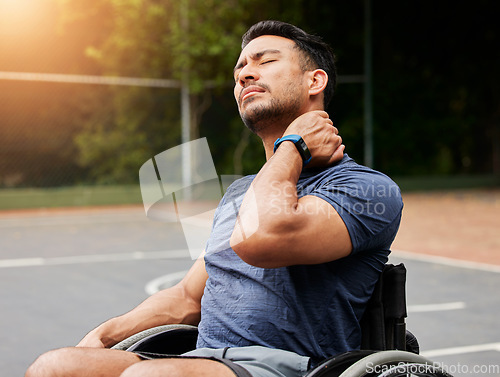 Image of Neck pain, fitness and basketball court with man and wheelchair user for sports injury, inflammation and tired. Games, health and challenge with person with a disability for accident and emergency