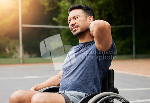 Image of Neck pain, tired and basketball court with man and wheelchair user for sports injury, inflammation and fitness. Games, health and challenge with person with a disability for accident and emergency