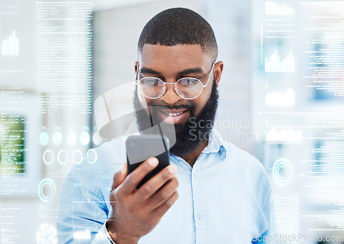 Image of Business, hologram and black man with a smartphone, investment and stock market with notification. Holographic, person and investor with a cellphone, coding and software update with email and trading