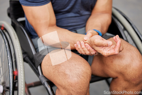 Image of Wrist pain, hands and person in a wheelchair with an injury, sore joint or man with a disability in sports or medical emergency. Hand, ache and mistake in sport, exercise or workout with tendinitis