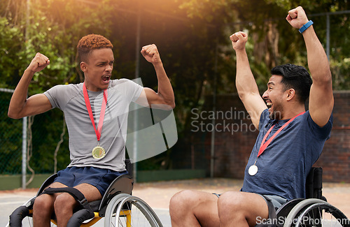 Image of Basketball, success and wheelchair user with men and celebration for winner, trophy or sports. Training, champion and goal with people with a disability for competition, fitness and teamwork