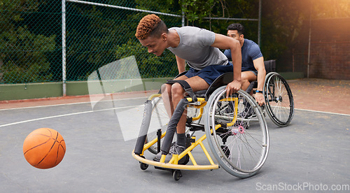 Image of Sports, basketball and men in wheelchair for exercise, training and workout on outdoor court. Fitness, team and male people with disability tackle ball for playing competition, practice and games