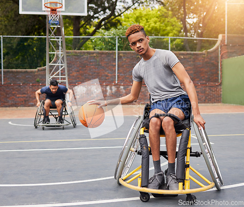 Image of Sports, wheelchair basketball court and man focus on playing match competition, challenge or fitness practice. Player attack, cardio workout and athlete with disability, training and exercise