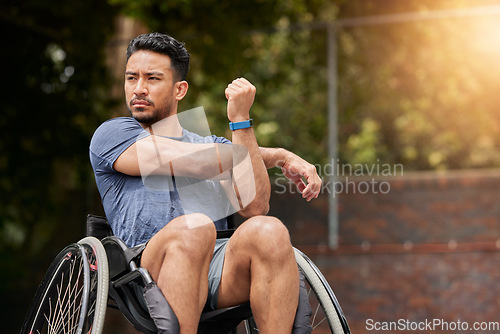 Image of Basketball, stretching and wheelchair user with man on court for training, challenge and competition. Fitness, health and sports warm up with person with a disability for workout, game and start