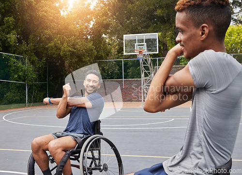 Image of Stretching, wheelchair user and man on basketball court for training, challenge and competition. Fitness, health and teamwork with person with a disability warm up for sports workout, game and start