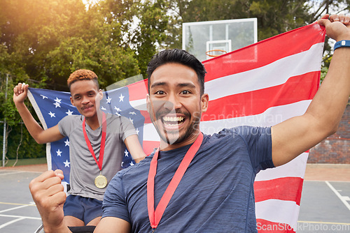 Image of Basketball, champion and usa flag with men and wheelchair user for success, trophy or sports. Training, winner and achievement with portrait of people with a disability for competition and teamwork