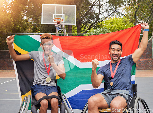 Image of Basketball, winner and flag with men and wheelchair user for success, trophy or sports. Training, South Africa champion and goal with portrait of people with a disability for competition and teamwork