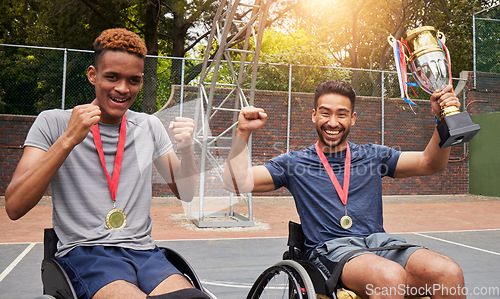 Image of Basketball, trophy and team with men and wheelchair user for success, winner or sports. Training, champion and achievement with portrait of people with a disability for competition, game and teamwork