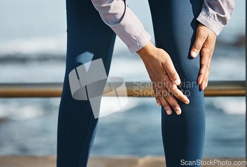 Image of Knee pain, hands and injury, fitness outdoor and person with medical emergency and inflammation. Muscle tension, osteoporosis or fibromyalgia with health, legs and exercise with running in nature