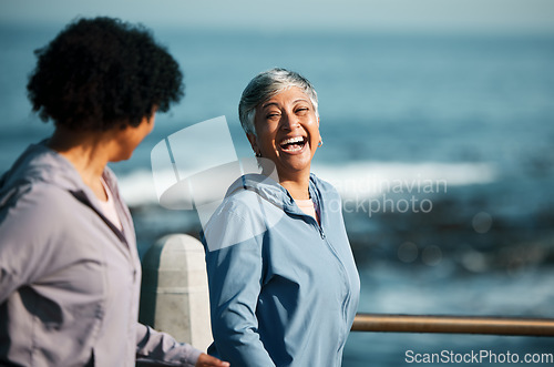 Image of Fitness, happy and senior women by ocean for healthy body, wellness and cardio wellbeing on promenade. Sports, friends and female people walking on boardwalk for exercise, training and workout