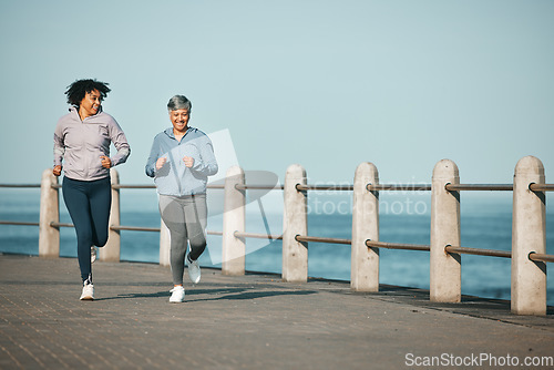 Image of Mockup, running and women by beach for fitness together as morning exercise for wellness and outdoor bonding. Health, endurance and people training for marathon in Cape Town for sports workout