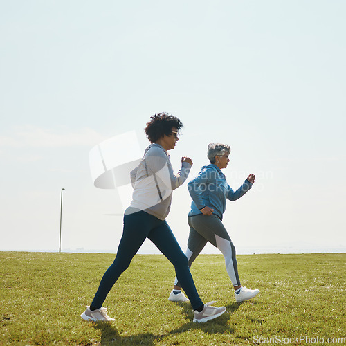 Image of Women speed walking, fitness and cardio outdoor with training and energy with mockup space. Female people, team in park with exercise and race with sports and athlete, health and wellness in nature