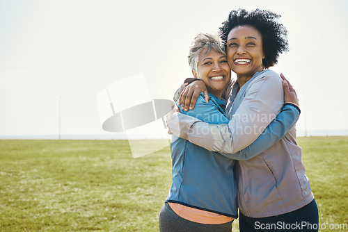 Image of Happy, hug and portrait of senior women bonding with love, care and friendship after a workout together. Happiness, nature and elderly female friends with a smile in sportswear after training in park