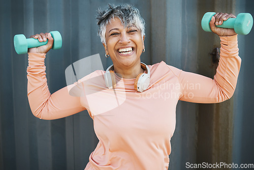 Image of Fitness, health and portrait with old woman and dumbbell for strong, workout and sports, Weightlifting, muscle and training with senior person and weights for gym workout, exercise or wellness mockup