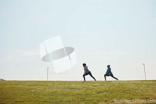 Image of People stretching, fitness and start run outdoor, flexibility and training for marathon with mockup space. Runner team in park, exercise and race warm up, sports and athlete, health and wellness