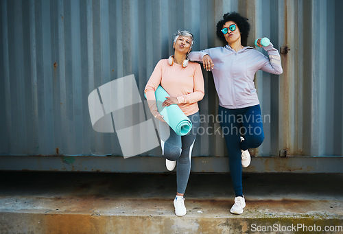 Image of Senior women, exercise and portrait, cool and urban with workout equipment, friends and training together. Active female people, fitness fashion and yoga mat with dumbbell, sportswear and vitality