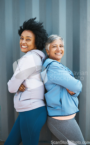 Image of Happy, fitness and portrait of senior women bonding and posing after a workout or exercise together. Happiness, smile and elderly female friends or athletes in sportswear after training by a wall.