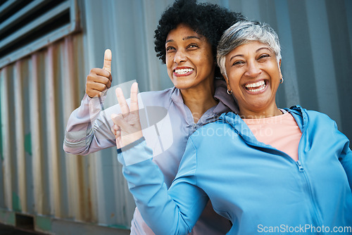 Image of Sports, thumbs up and portrait of senior women bonding and posing after a workout or exercise together. Happy, smile and elderly female friends or athletes with agreement hand gesture after training.