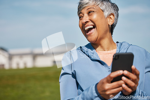 Image of Funny, social media and fitness with old woman and phone for running, workout and mockup. Network, communication and contact with female runner laughing in nature for technology, sports or mobile app