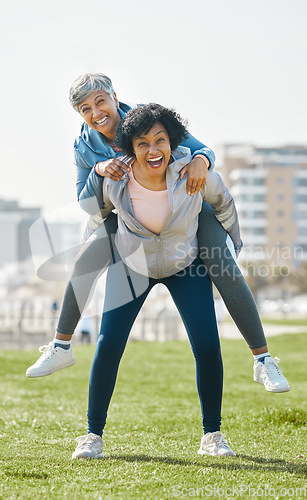 Image of City, funny and senior women piggyback together playing, crazy and funny with as friends for outdoor exercise. Health, wellness and portrait of crazy elderly people bonding and laughing after workout