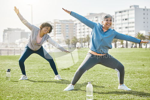 Image of Women, senior and stretching in park, fitness and wellness with flexibility and start workout outdoor. Female people, friends with pilates or running in nature, training and exercise with vitality