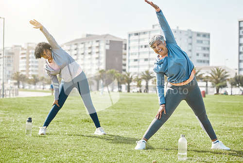 Image of Women, senior and stretching outdoor, exercise and wellness with flexibility and start workout in park. Female people, friends with pilates or running in nature, training and fitness with vitality