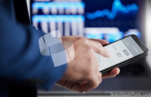 Image of Hands, phone data and stock market trader search dashboard, fintech app and cryptocurrency software. Closeup of business man, mobile finance and trading, banking investment and accounting of stocks