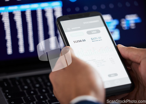 Image of Hands, phone and man trading on stock market, fintech app or cryptocurrency savings. Closeup of financial trader, broker and screen of tech for data statistics, banking investment or stocks dashboard