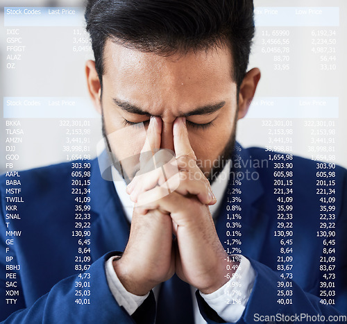 Image of Trading, sad and hologram with man and stock market crash for finance, inflation and investment. Failure, anxiety and stress with male employee for accounting risk, data analytics and trade crisis
