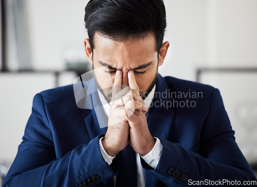 Image of Corporate, headache and business man with anxiety, debt and frustrated for stock market crash. Face of sad trader, salesman and migraine of stress, bankruptcy or burnout of financial crisis in office