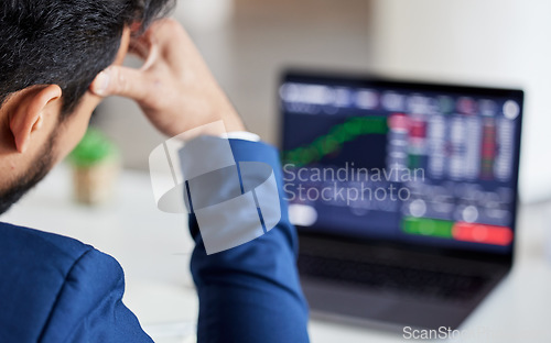 Image of Closeup, sad and laptop with man and stock market crash for finance, inflation and investment. Failure, anxiety and stress with male employee for accounting risk, data analytics and trading crisis