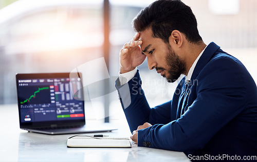 Image of Trading, sad and laptop with man and stock market crash for finance, inflation and investment. Failure, anxiety and stress with male employee for accounting risk, data analytics and trade crisis