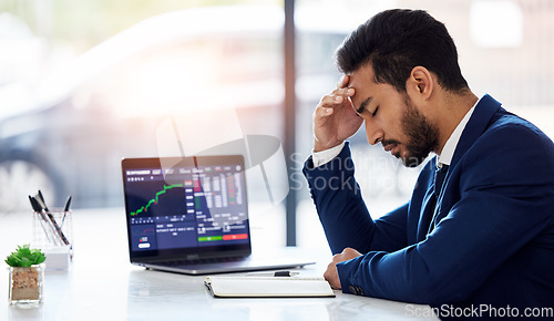 Image of Inflation, sad and laptop with man and stock market crash for finance, trading and investment. Failure, anxiety and stress with male employee for accounting risk, data analytics and trade crisis