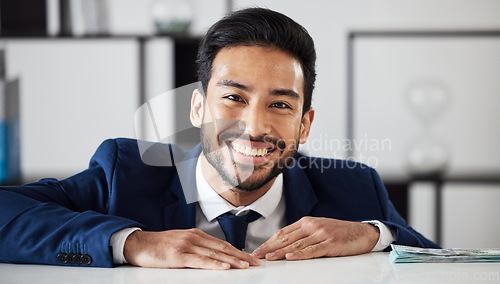 Image of Portrait of businessman with cash investment, smile and dollars in trade office with profit, bonus and growth. Money, bills and happy man, stock market trading or payment on financial budget increase