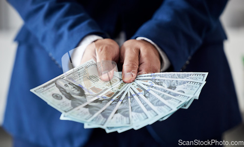 Image of Businessman, hands and money fan of dollars for banking, trading bills and investment budget or financial freedom. Closeup of rich trader, profit and income of bonus, pay cash or accounting of wealth