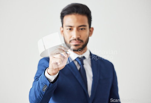 Image of Business man, writing and glass with thinking, office or planning for analytics, ideas or brainstorming. Young finance employee, pen and board for innovation, statistics or vision with mindset at job