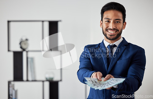 Image of Portrait, business man and money fan for finance, trading bills or investment reward of financial freedom. Happy asian trader, savings investor or cash profit of income, bonus or wealth of accounting