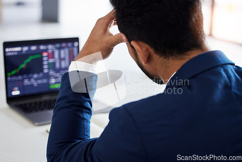 Image of Closeup, stress and laptop with man and stock market crash for finance, inflation and investment. Failure, anxiety and sad with male employee for accounting risk, data analytics and trading crisis