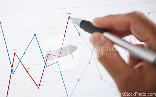 Image of Hand, growth and chart with drawing, closeup and office for planning, analytics and ideas for investing. Finance employee, pen and board for innovation, stats and vision with graph for stock market