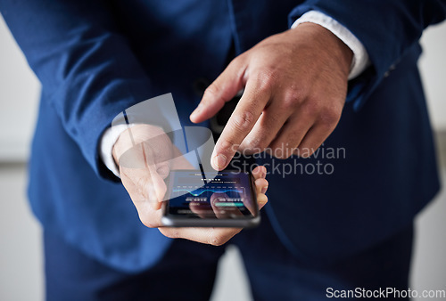 Image of Hands, phone data and stock market trader check dashboard, fintech app and cryptocurrency software. Closeup of business man, mobile finance and trading for banking, investment or accounting of stocks