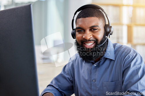 Image of Business man, portrait and call center, communication or consultant support in e commerce or customer service. Face of agent, website advisor or african person helping and online solution on computer