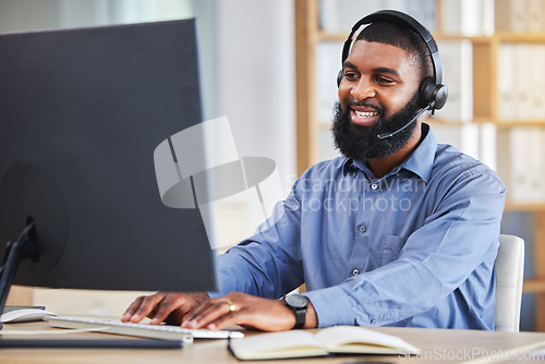 Image of Call center, computer and business man, consultant or agent speaking, typing and customer services or support. Online sales, financial advisor or african person communication or contact us on desktop