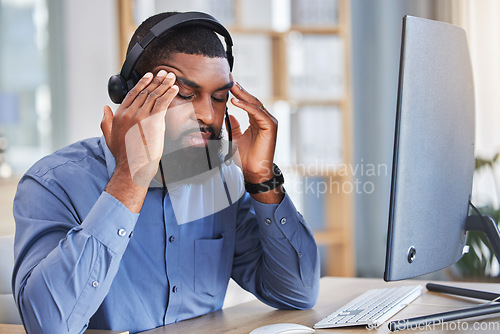 Image of Business man, headache and call center stress, pain or communication mistake, error and sales crisis. Agent, consultant or african person on computer with brain fog, memory or telemarketing fail