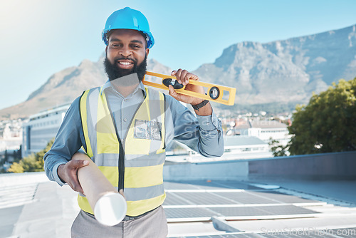 Image of Man, portrait and architecture blueprint for solar energy, construction and project management in Cape Town. Happy african builder, civil engineering and tools with floor plan of photovoltaic grid