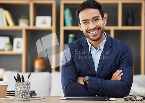 Image of Portrait, business and Asian man with arms crossed, happy and tablet with career, financial adviser or smile. Face, male person or employee in a modern office, professional or accountant with success