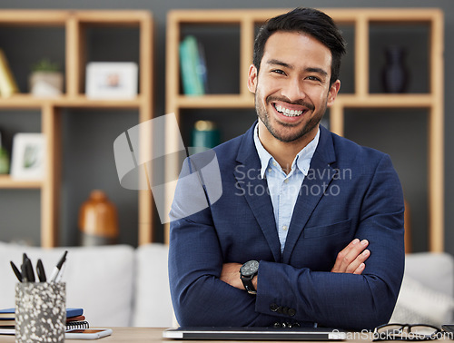 Image of Portrait, business or Asian man with arms crossed, smile or tablet with career, modern office or happiness. Face, male person or employee in a workplace, professional or happy accountant with success