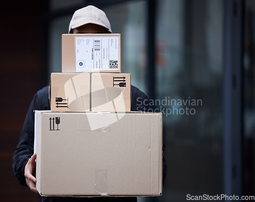 Image of Delivery guy package, shipping boxes and export employee with courier service, commerce or regulations. Logistics, man or supply chain with a worker with distribution, online shopping or mail service